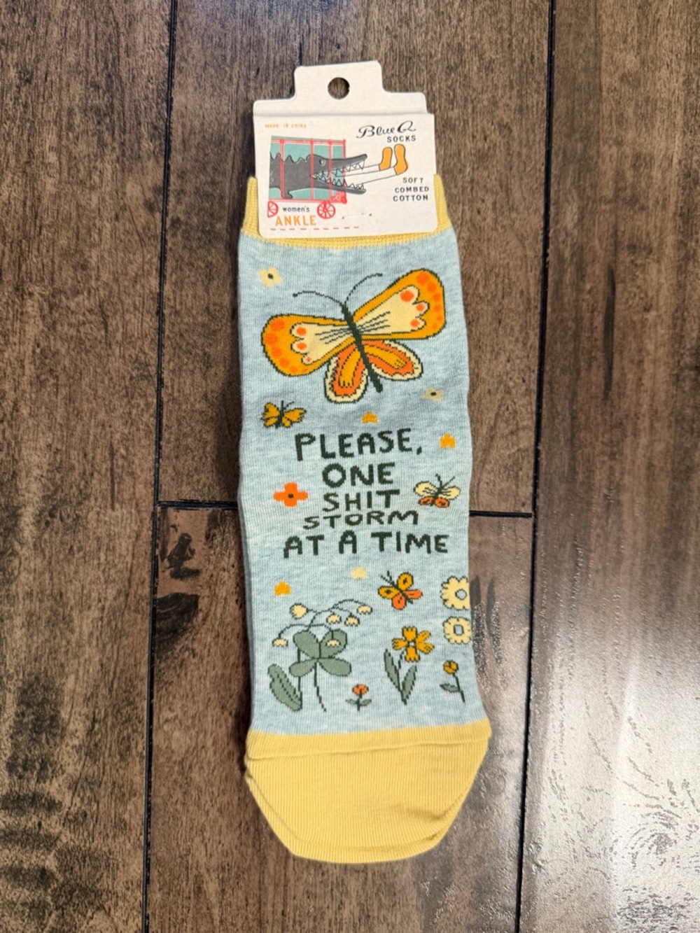 Blue Q Light Blue and Yellow Butterfly Socks with Slogan - Picture 4 of 4
